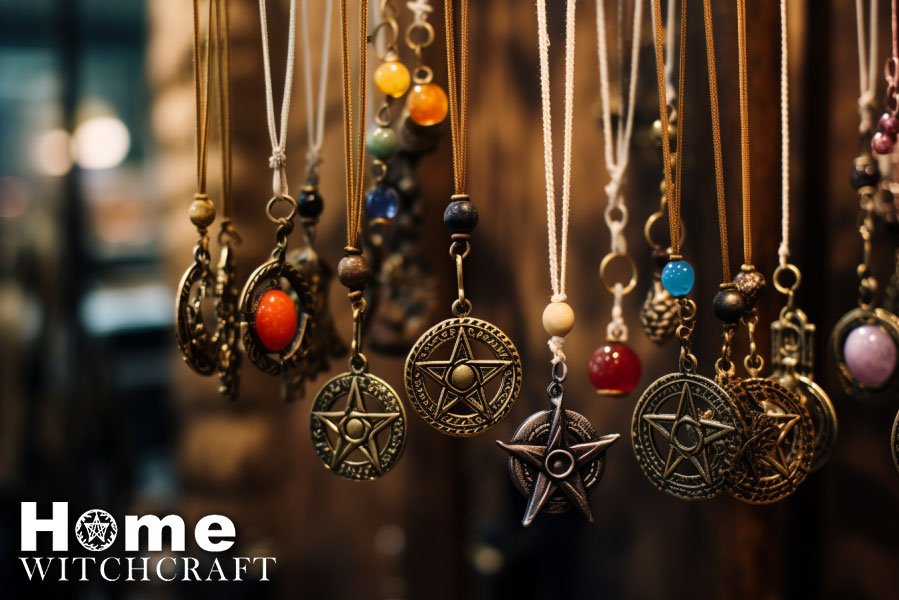 magical pentacle necklaces hang at the local magical bauble stall www.homewitchcraft.com